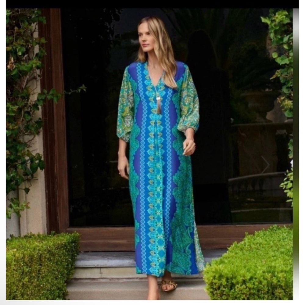 Johnny Was Silk Kahinu Kaftan Boho Arstsy Maxi Dress Blue Green V Neck S NWT